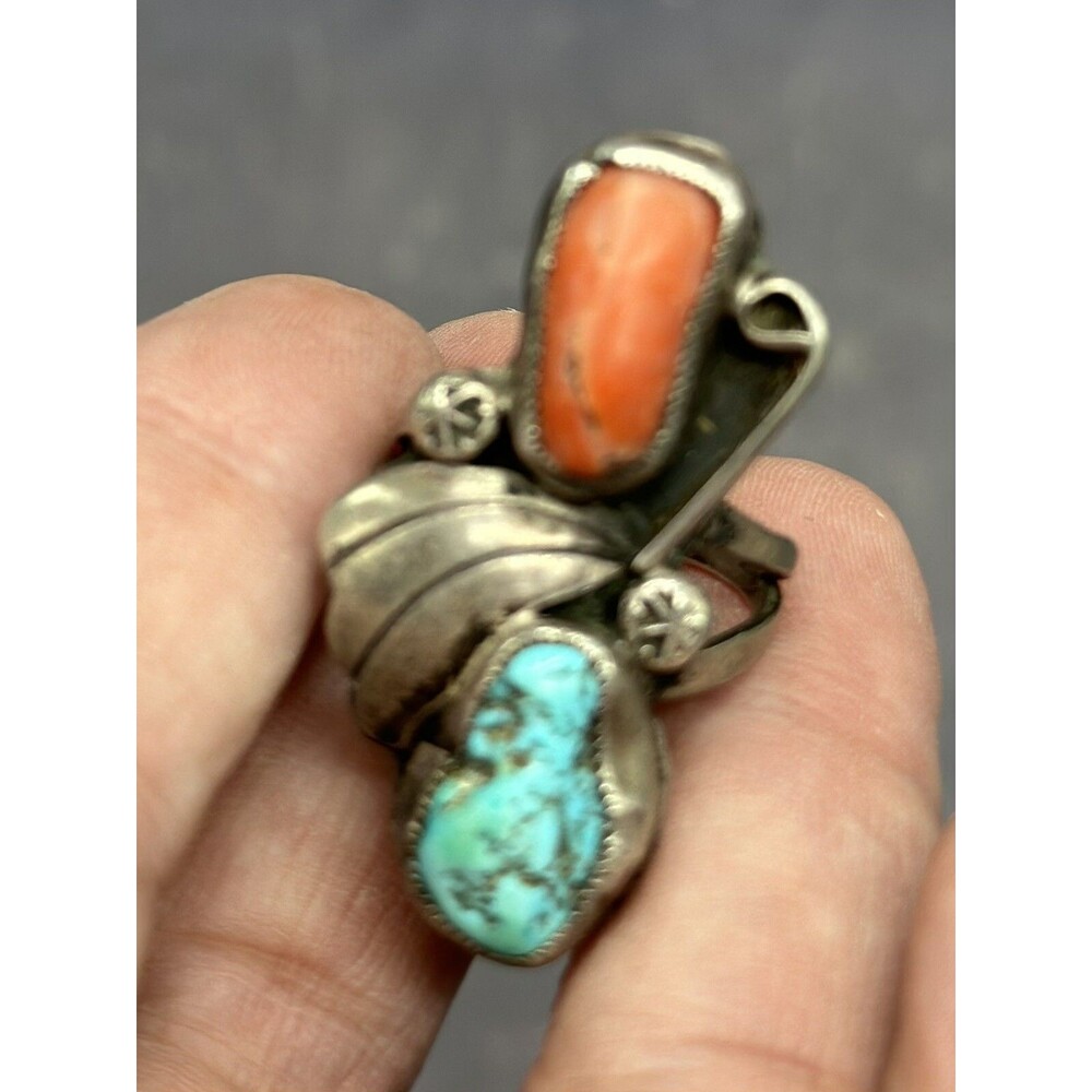 Navajo Native American Sterling Silver Turquoise Coral Leaf Swirl RING - Picture 7 of 8